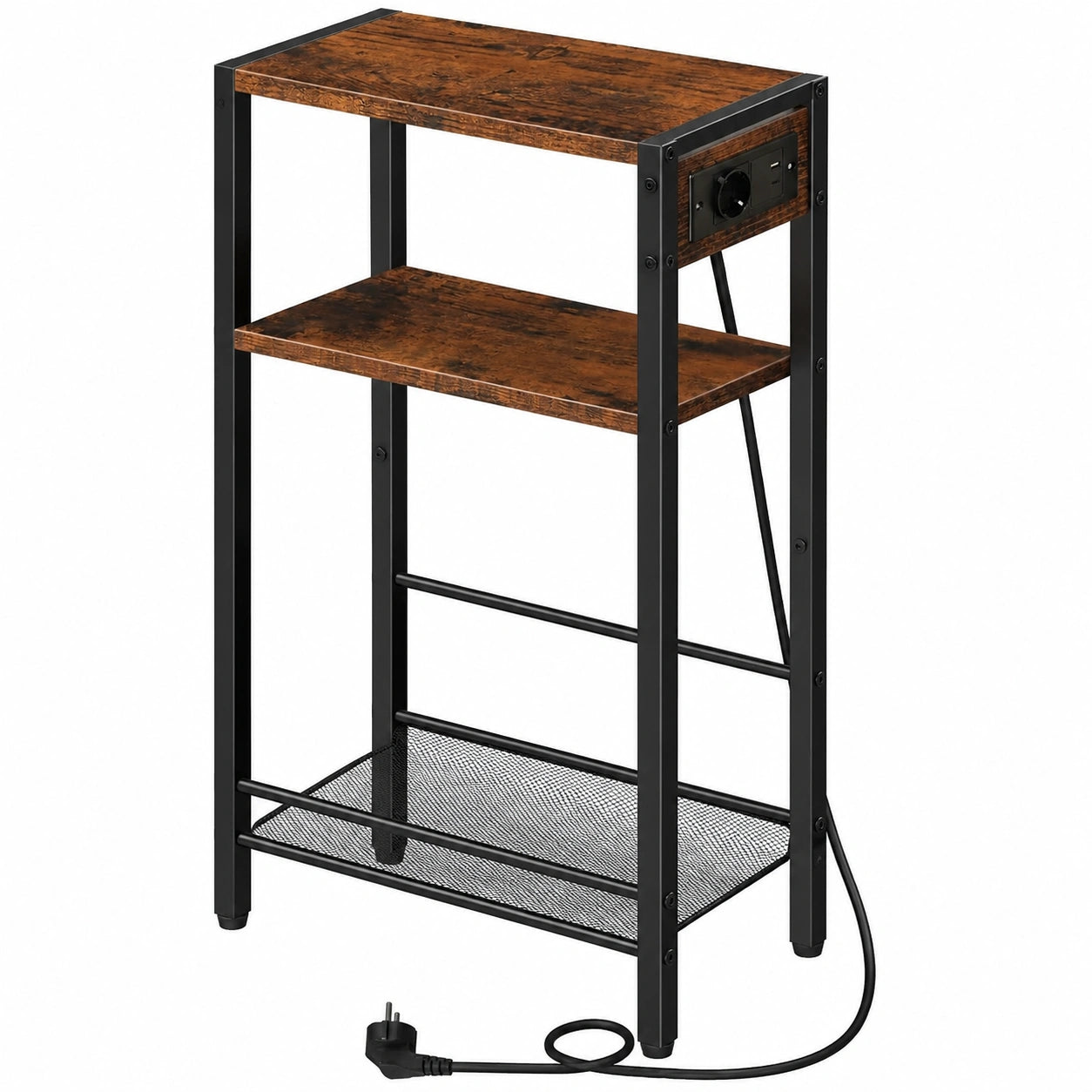 Schmaler Konsolentisch mit Ladefunktion und verstellbarem Regal, Schwarz/Vintagebraun