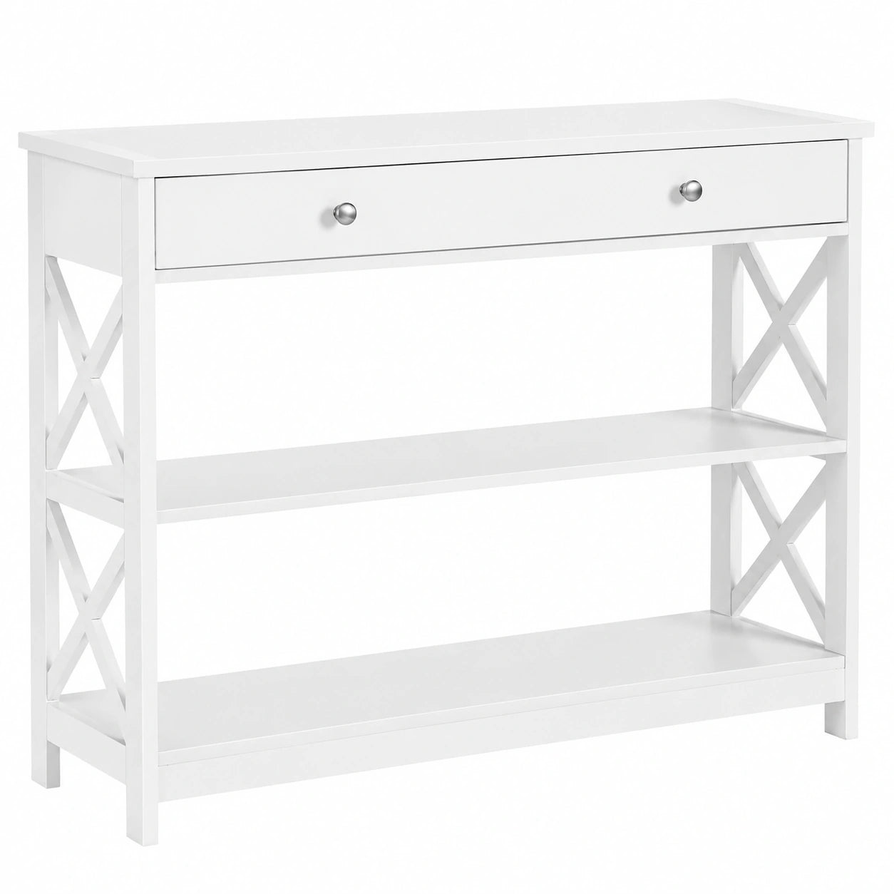 Holz-Konsolentisch mit 3 Ebenen und Schublade, Beistelltisch für Flur, Wohnzimmer & Schlafzimmer, 100x30x80 cm, Weiß
