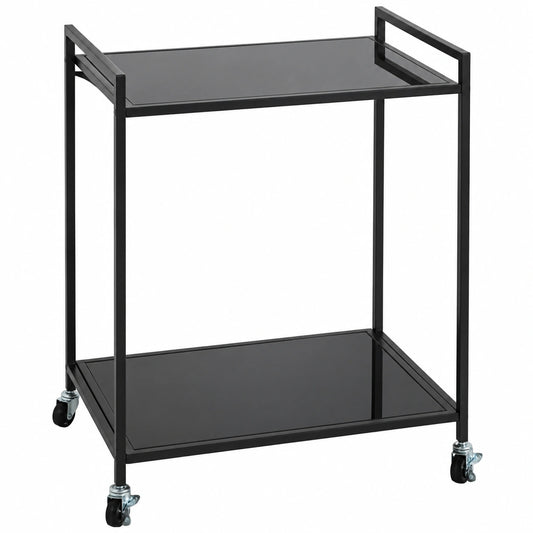 Moderner Couchtisch aus Metall mit Rollen und Sicherheitsglas, Schwarz 50x69x36 cm