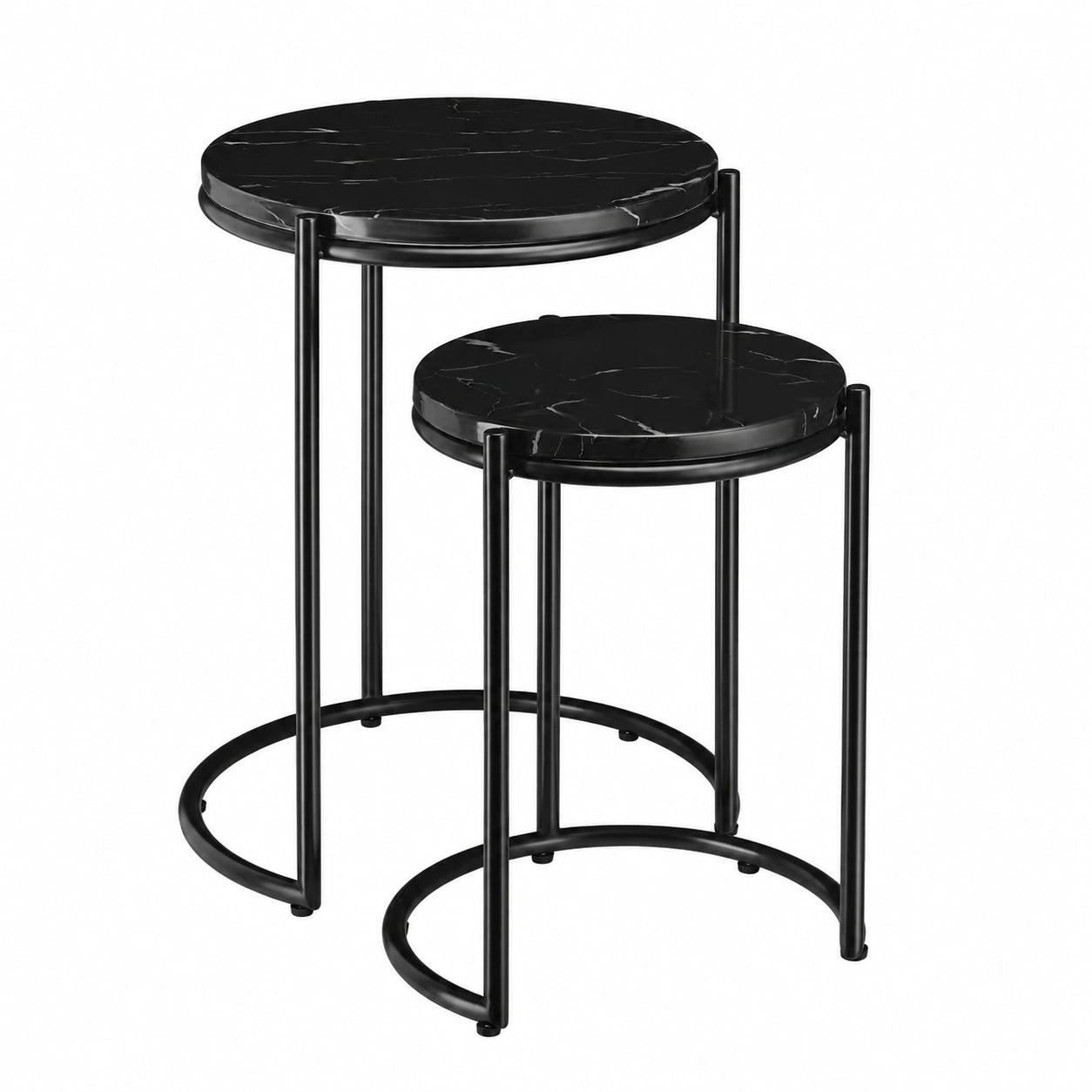 Runder Couchtisch im 2er-Set aus Metall und Marmor - Schwarz