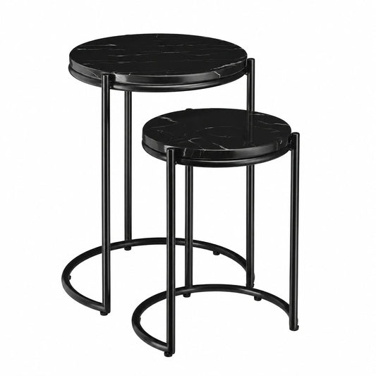 Runder Couchtisch im 2er-Set aus Metall und Marmor - Schwarz