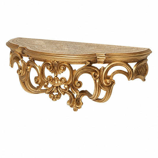 Goldene Wandkonsole im Barockstil mit Spiegel und antiken Ornamenten – 50x20x24 cm