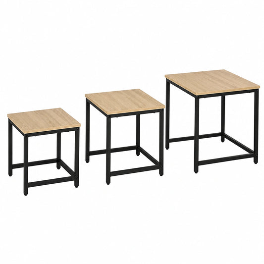 HOMCOM Couchtisch-Set im Industriedesign, quadratischer Beistelltisch mit Stahlrahmen und Holzoptik, Satztische für das Wohnzimmer, 3er-Set, Natur
