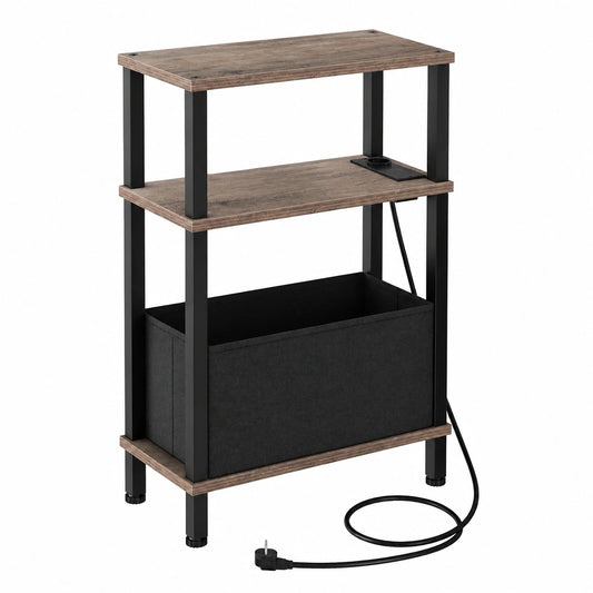 CHOEZON Schmaler Beistelltisch mit Ladestation, 3 Ebenen und Vliesschublade, ideal für Schlafzimmer, Wohnzimmer, Büro, Greige/Schwarz