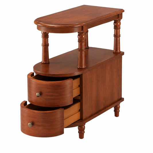Massivholz Beistelltisch mit Schubladen, schmaler Vintage Sofatisch, Kaffeetisch Nussbaum